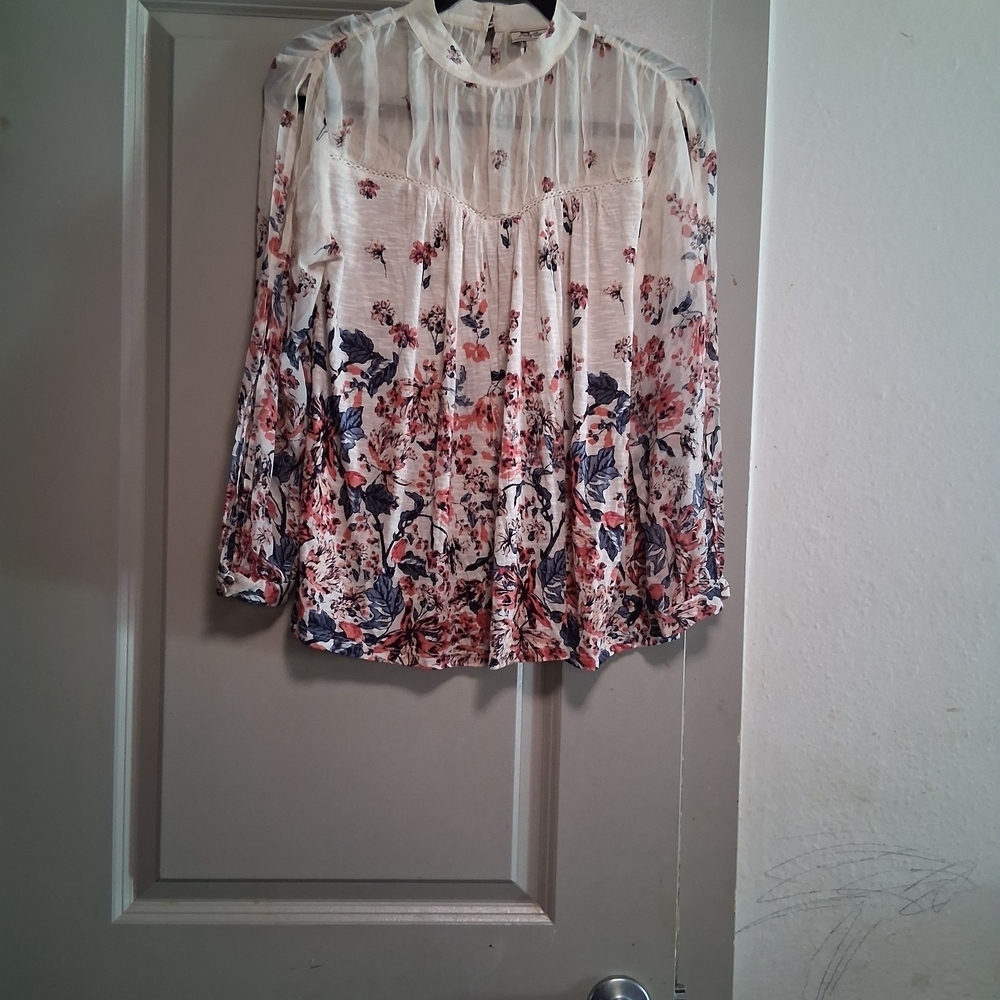 Lucky Brand Floral Blouse - Cream and Blue
